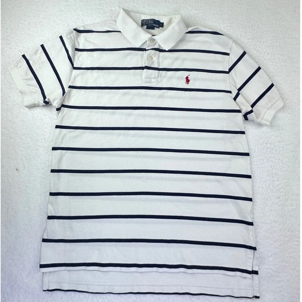 Polo Ralph Lauren Polo Shirt Mens L White/Blue Striped Cotton Pony Pique Golf